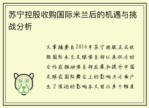 苏宁控股收购国际米兰后的机遇与挑战分析