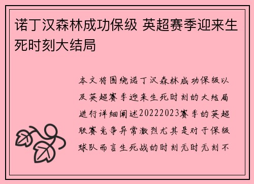 诺丁汉森林成功保级 英超赛季迎来生死时刻大结局