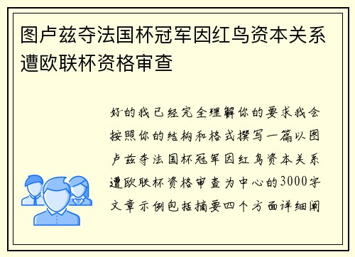 图卢兹夺法国杯冠军因红鸟资本关系遭欧联杯资格审查