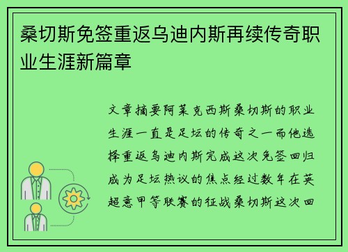 桑切斯免签重返乌迪内斯再续传奇职业生涯新篇章