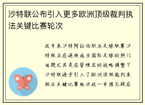 沙特联公布引入更多欧洲顶级裁判执法关键比赛轮次