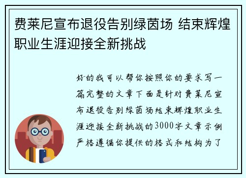 费莱尼宣布退役告别绿茵场 结束辉煌职业生涯迎接全新挑战