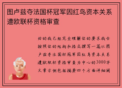 图卢兹夺法国杯冠军因红鸟资本关系遭欧联杯资格审查